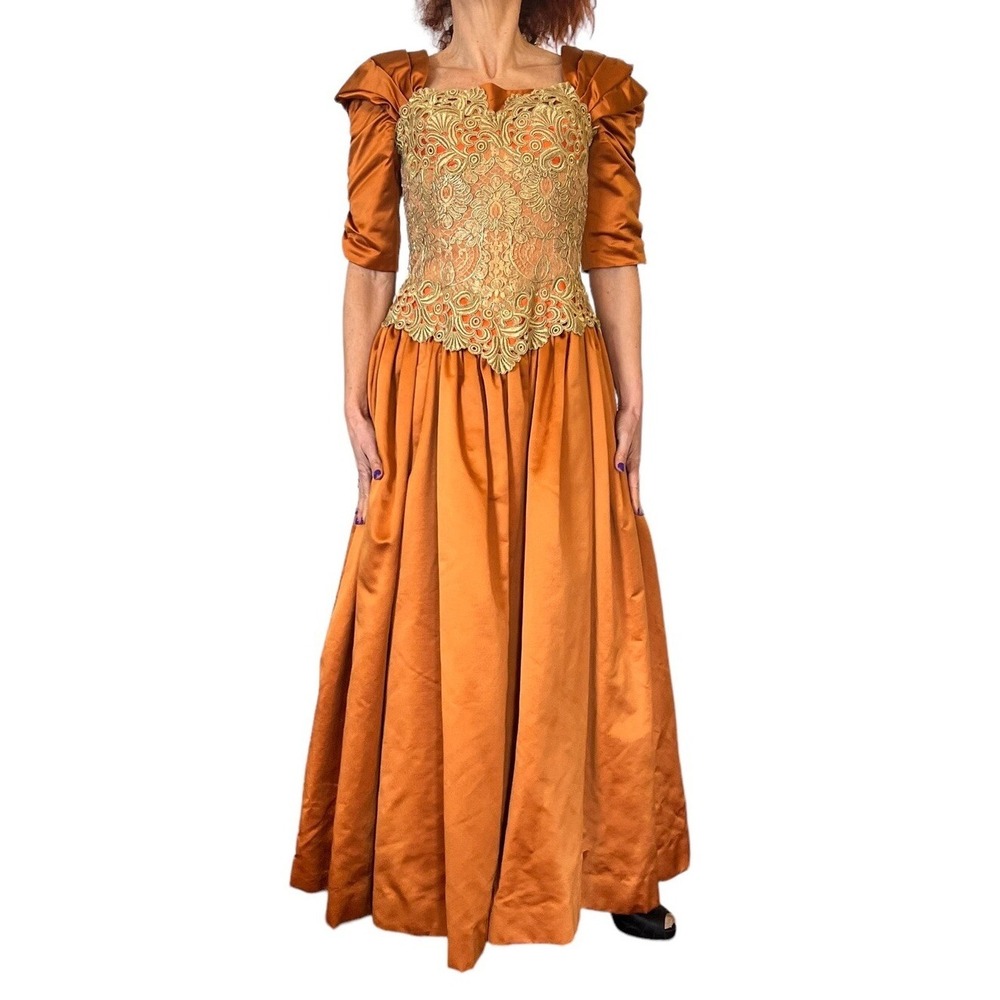 ESCADA COUTURE WOMEN'S SILK SATIN ORANGE EMBROIDERED VICTORIAN BALL GOWN 36 4/6